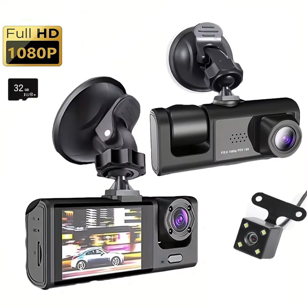 3 Channel Car DVR HD 1080P 3-Lens Inside Vehicle Dash CamThree Way Camera DVRs Recorder Video Registrator Dashcam Camcorder