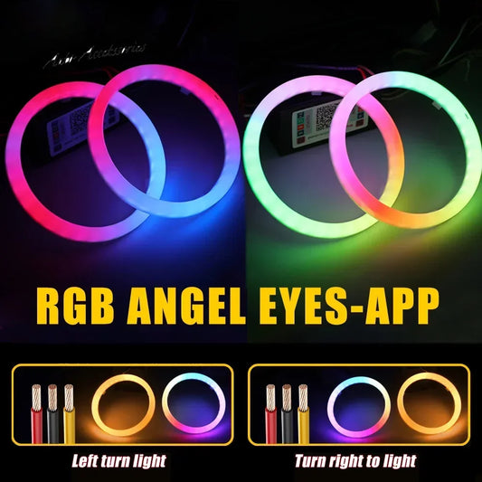 APP Control RGB LED Angel Eyes Contton Light 60mm 70mm 80mm 90mm Rgb Halo Ring DRL LED Headlights 12-24V for Motorcyle Car 4x4